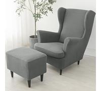Stretch Chair Slipcovers, Elastic Armchair Covers, 3-Piece Wingback Chair Cover with Ottoman Slipcover with Armrests High Back Universal, Non-Slip, Removable, Scratch-Resistant Sofa Cover,dark gray