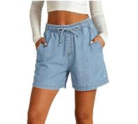 Stretch Denim Shorts Women Womens Denim Jean Shorts Casual Frayed Raw Hem Drawstring Elasticated Waist Short Jeans Summer Lightweight Baggy Loose Pull On Stretch Hot Pants