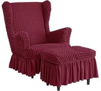 Stretch High Back Wingback Chair Slipcover Set with Skirt & Ottoman Cover, Seersucker Bubble Texture, Universal Fit, Washable Furniture Protector for Living Room(Red,Chair+Ottoman)