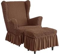 Stretch High Back Wingback Chair Slipcover Set with Skirt & Ottoman Cover, Seersucker Bubble Texture, Universal Fit, Washable Furniture Protector for Living Room(Brown,Chair+Ottoman)