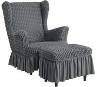 Stretch High Back Wingback Chair Slipcover Set with Skirt & Ottoman Cover, Seersucker Bubble Texture, Universal Fit, Washable Furniture Protector for Living Room(Gray,Chair+Ottoman)