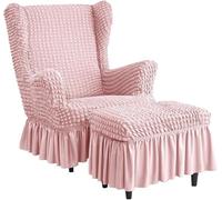 Stretch High Back Wingback Chair Slipcover Set with Skirt & Ottoman Cover, Seersucker Bubble Texture, Universal Fit, Washable Furniture Protector for Living Room(Pink,Chair+Ottoman)