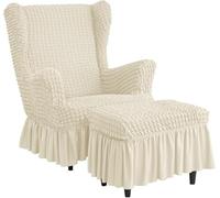 Stretch High Back Wingback Chair Slipcover Set with Skirt & Ottoman Cover, Seersucker Bubble Texture, Universal Fit, Washable Furniture Protector for Living Room(White,Chair+Ottoman)