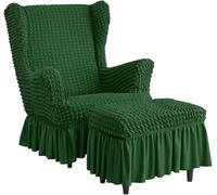 Stretch High Back Wingback Chair Slipcover Set with Skirt & Ottoman Cover, Seersucker Bubble Texture, Universal Fit, Washable Furniture Protector for Living Room(Green,Chair+Ottoman)