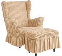 Stretch High Back Wingback Chair Slipcover Set with Skirt & Ottoman Cover, Seersucker Bubble Texture, Universal Fit, Washable Furniture Protector for Living Room(Khaki,Chair+Ottoman)