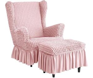 Stretch High Back Wingback Chair Slipcover Set with Skirt & Ottoman Cover, Seersucker Bubble Texture, Universal Fit, Washable Furniture Protector for Living Room(Pink,Chair+Ottoman)
