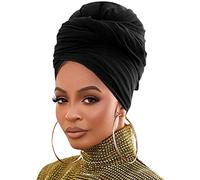 Stretch Jersey Turban Head Wrap Urban Hair Scarf Knit Headwraps Solid Color Ultra Soft Extra Long Breathable Head Band Tie for Women(Black)