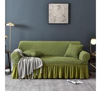 Stretch Magic Sofa Cover, Bubble Check Skirt Slipcovers for 4-Seater Chaise Longue, Universal Couch Protector, Easy Care Living Room Fur (Green, 235-300cm)