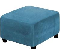 Stretch Ottoman Slipcover,Square Velvet Footstool Cover Large Brown Grey Black Footrest Pouffe Protector Covers With Elastic Bottom Washable Super Soft Universal Slipcovers(Peacock Blue,55x55 cm)