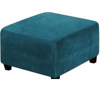 Stretch Ottoman Slipcover,Square Velvet Footstool Cover Large Brown Grey Black Footrest Pouffe Protector Covers With Elastic Bottom Washable Super Soft Universal Slipcovers(Deep Water Blue,90x90 cm)