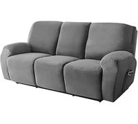 Stretch Recliner Sofa Cover Living Room Velvet Reclining Couch Cover with Side Pocket, Split Recliner Sofa Cover for Each Seat Anti-Slip Furniture Covers with Elastic Bottom (Gray,3 Seater 8-Piece)