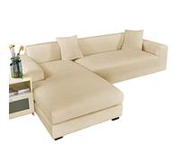 Stretch Sectional Couch Covers Velvet, Couch Cover L Shape 2 Piece L Shaped Sofa Cover Soft Furniture Protector with Elastic Bottom for Dogs Cats -beige-3+3 seater