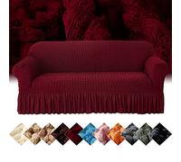 Stretch Sofa Slipcover 1 Piece Couch Sofa Cover with Skirt, Durable Washable High Elastic Stretchable, for Dogs and Kids Jacquard Spandex Furniture Protector with Elastic Bottom (Dark Red,3-Seater)