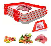 Stretch Storage Fresh Silicone Food Trays, 4Pcs Cold Meat Containers for Fridge Stackable Vacuum Food Preservation Tray with Elastic Lid Freezer Storage Boxes for Meat Vegetable Fruit (Red)