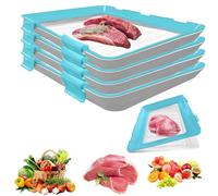 Stretch Storage Fresh Silicone Food Trays, 4Pcs Cold Meat Containers for Fridge Stackable Vacuum Food Preservation Tray with Elastic Lid Freezer Storage Boxes for Meat Vegetable Fruit (Blue)