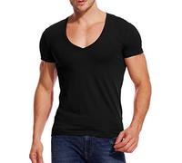Stretch T Shirt for Men Deep V Neck Tee Muscle Fit Low Cut Male Top Black XL
