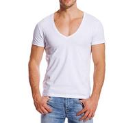 Stretch T Shirt for Men Deep V Neck Tee Muscle Fit Low Cut Male Top White XL