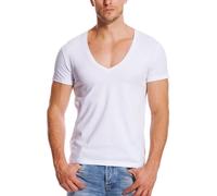 Stretch T Shirt for Men Deep V Neck Tee Muscle Fit Low Cut Male Top White XL