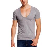 Stretch T Shirt for Men Deep V Neck Tee Slim Fit Low Cut Male Vee Top Gray 3XL