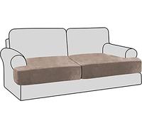 Stretch Velvet Non-Slip 2-Piece Sofa Cover Set - Washable Elastic Couch T Cushion Covers with Secure Bands Furniture Protector for Kids & Pets Taupe
