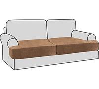 Stretch Velvet Non-Slip Sofa Couch T Cushion Covers - Washable 2-Piece Slipcovers with Elastic Bands Furniture Protectors for Kids & Pets (Camel Color)