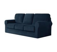 Stretch Velvet Sofa Cover Set - 7 PCS Navy Blue Includes Separate Seat Cushions & Backrests Fur Protector for 3-Seat Couch Slipcover for Enhanced Protection & Style