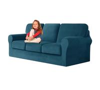 Stretch Velvet Sofa Slipcover Set - 7pcs Non-Slip Washable Couch Cover for Large 4-Seater Dark Teal Furniture Protector with Seat & Backrest Cushion Covers
