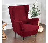 Stretch Velvet Wingback Chair Covers 2-Piece Set Removable Slipcovers for Armchair Solid Color Furniture Protector for Living Room & Bedroom (Wine Red)