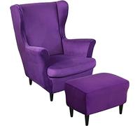 Stretch Velvet Wingback Slipcover & Footstool Cover Set - 2-Piece Ottoman Slipcover & Rectangle Storage Stool Cover with Elastic Bottom - Arm Covers Included (Color: #13)