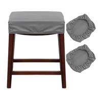 Stretchable Bar Stool Covers Set of 2 - Light Gray PU Protective Slipcovers for Kitchen Counter Height Stools, Fits Wood & Metal Saddle Stools, &