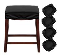 Stretchable Black PU Bar Stool Covers - 4pcs Counter Height Slipcovers for Kitchen Island & Saddle Seats, Fits Wood & Metal Stools, & Protect