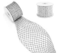 Stretchable Glitter Metallic Mesh Ribbon, 5 Yards Glitter Metallic Wired Mesh Ribbon Wire Edge Web Ribbon Deco Web Mesh Ribbon for DIY Crafts Gift Wrapping Ribbon Christmas Tree Decor (Silver)
