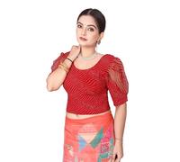 Stretchable Polyester Saree Blouse For Women Showcasing Half Puff Sleeve, Fully Stitched Craftsmanship, Vibrant Multi-colour Design, Chic Top T-Shirt With Silhouette, Red 31" to 35" Bust stretchy