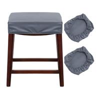 Stretchable Silver Gray Bar Stool Covers 2-Pack - PU Seat Slipcovers for Kitchen Island & Counter Height Stools - Fits Wood & Metal Benches, Saddle Sle