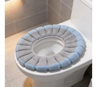 Stretchable Toilet Seat Cover Designed for Fit on O U V Shape Toilets Soft Washable Polyester Material Provides Warmth During Cold Days at Home (Blue with gray A)