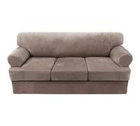 Stretchable Velvet Sofa Cover, Washable 3-Seater Couch Protector, T-Cushion Design, Taupe Color, & Stylish Furniture Shield for Living Room
