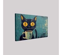 Stretched Framed Cat coffee cup Canvas Print 40 x 30 cm Retro Modern Picture Wall Art for Living Room Bedroom Home Decor