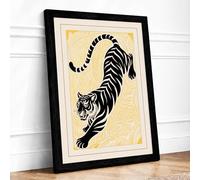 Stretching Tiger Japandi Framed Wall Art Print A2 Black