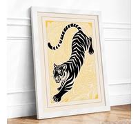 Stretching Tiger Japandi Framed Wall Art Print A3 White
