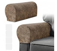 Stretchy Armchair Covers for Arms -Set of 2 Waterproof PU Leather Sofa Arm Covers for Chairs Couch Recliner - Universal Anti Slip Armrest Protectors with 4 Adhesive Patches for Furniture Protection