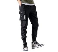 Stretchy Drawstring Waist Trousers Men's Cargo Pants Mens Combat Builders Work Trouser Adjustable Elastic Waist Band Zipped Pockets Men Work Trousers Fashion Comfortable Trousers for Men Black