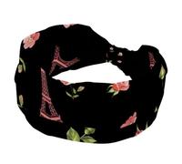 Stretchy Headbands for Women, Red Flowers Leaves Eiffel Tower Absorbed Sweat Sport Yoga Workout Headband, Soft Wide Hairband, Twist Knotted Hairwrap