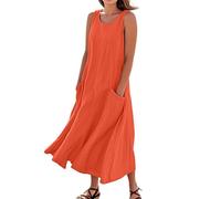 Stretchy Maxi Dresses Summer Cotton Linen Solid Color Crew Neck Sleeveless Dresses Tunic Tank Dress with Pockets Denim Pinafore Dress (Orange, XL)
