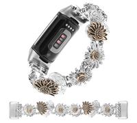 Stretchy Metal Bracelet Bands Compatible with Fitbit Charge 5/ Charge 6 Band, Women Fancy Elastic Sunflower Heart Dressy Stainless Replacement Wristband Strap for Charge 5/ Charge 6 Fitness Tracker