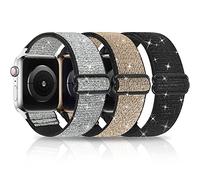 Stretchy Nylon Bling Straps Compatible with Apple Watch Strap 38mm 40mm 41mm 42mm 44mm 45mm 46mm 49mm, Adjustable Elastic Sport Women Men Band for iWatch Series Ultra 10 9 8 7 6 SE 5 4 3 2 1, 3 Packs