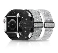 Stretchy Nylon Bling Straps Compatible with Apple Watch Strap 38mm 40mm 41mm 42mm 44mm 45mm 46mm 49mm, Adjustable Elastic Sport Women Men Band for iWatch Series Ultra 10 9 8 7 6 SE 5 4 3 2 1, 3 Packs