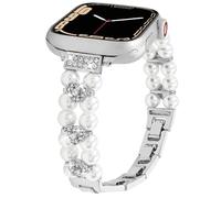 Stretchy Pearl Beaded Band Compatible with Apple Watch Bands Women 40 41 38 42mm(S10),Beads with Diamond Charms Bling Jewelry Bracelet for iWatch Series 10 9 8 7 6 5 4 3-1 Ultra SE (Love-Silver, 38mm)