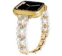 Stretchy Pearl Beaded Band Compatible with Apple Watch Bands Women 40 41 38 42mm(S10),Beads with Diamond Charms Bling Jewelry Bracelet for iWatch Series 10 9 8 7 6 5 4 3-1 Ultra SE (Love-Gold, 38mm)