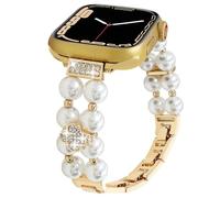 Stretchy Pearl Beaded Band Compatible with Apple Watch Bands Women 42 44 45 46 49mm,Beads with Diamond Charms Bling Jewelry Bracelet for iWatch Series 10 9 8 7 6 5 4 3-1 Ultra SE (Lucky-Gold, 49mm)
