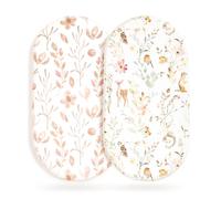 Stretchy Ultra Soft Fitted Bassinet Sheet Set 2 Pack, Universal Fit for Bassinets Baby Cradle Moses Basket Oval Rectangle Mattress Safe and Snug, Beautiful Blush Pink Floral and Cute Animals Print